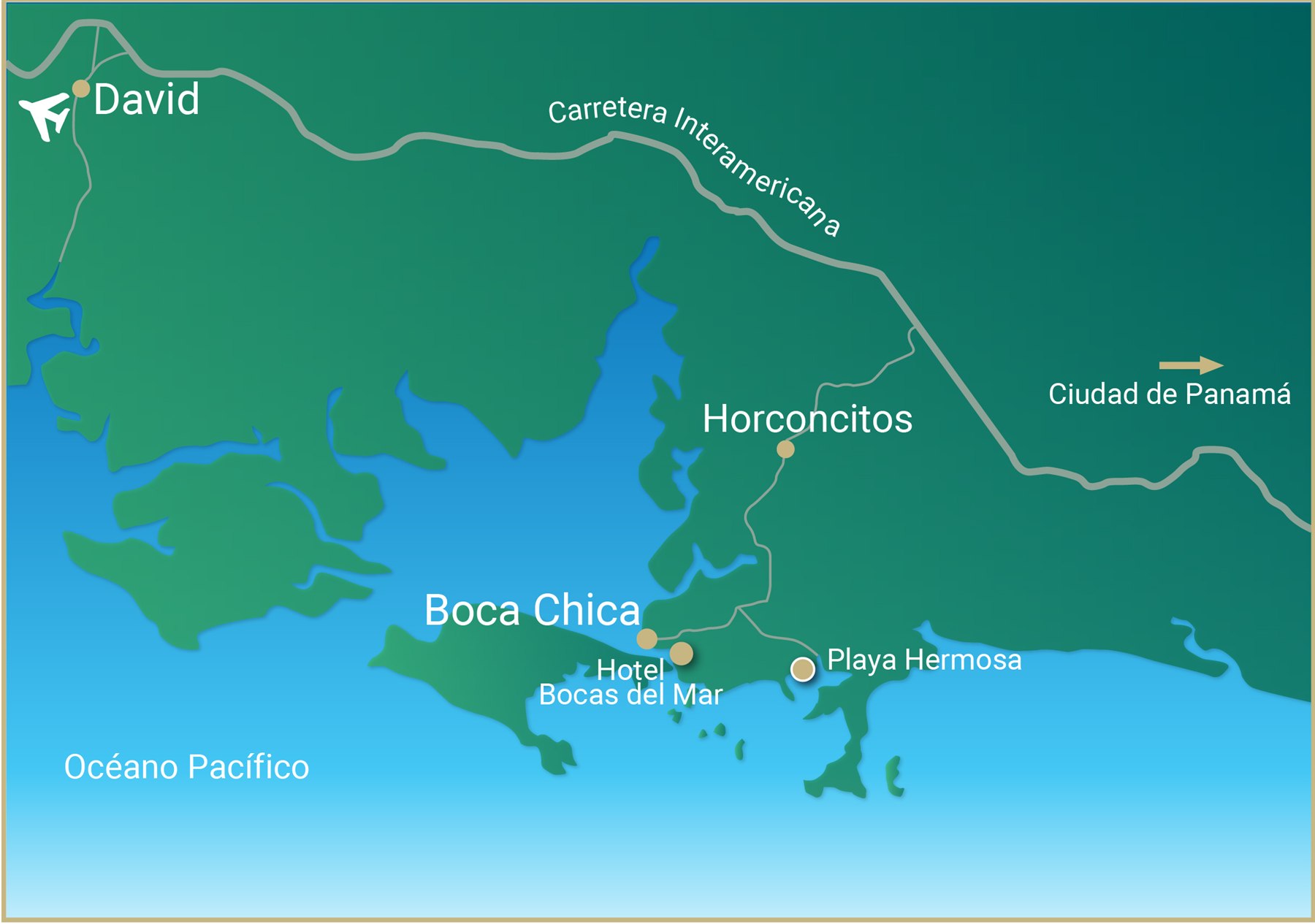 Map showing Hotel Bocas del Mar, Boca Chica and Playa Hermosa, with the route from David and Panama City